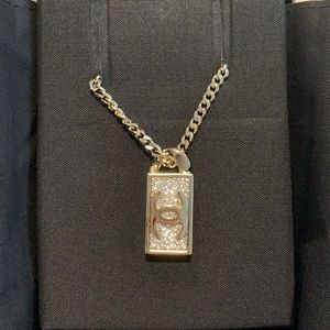 CHANEL Gold-tone Rectangular CC Logo Pendant Necklace with Crystal Pavé